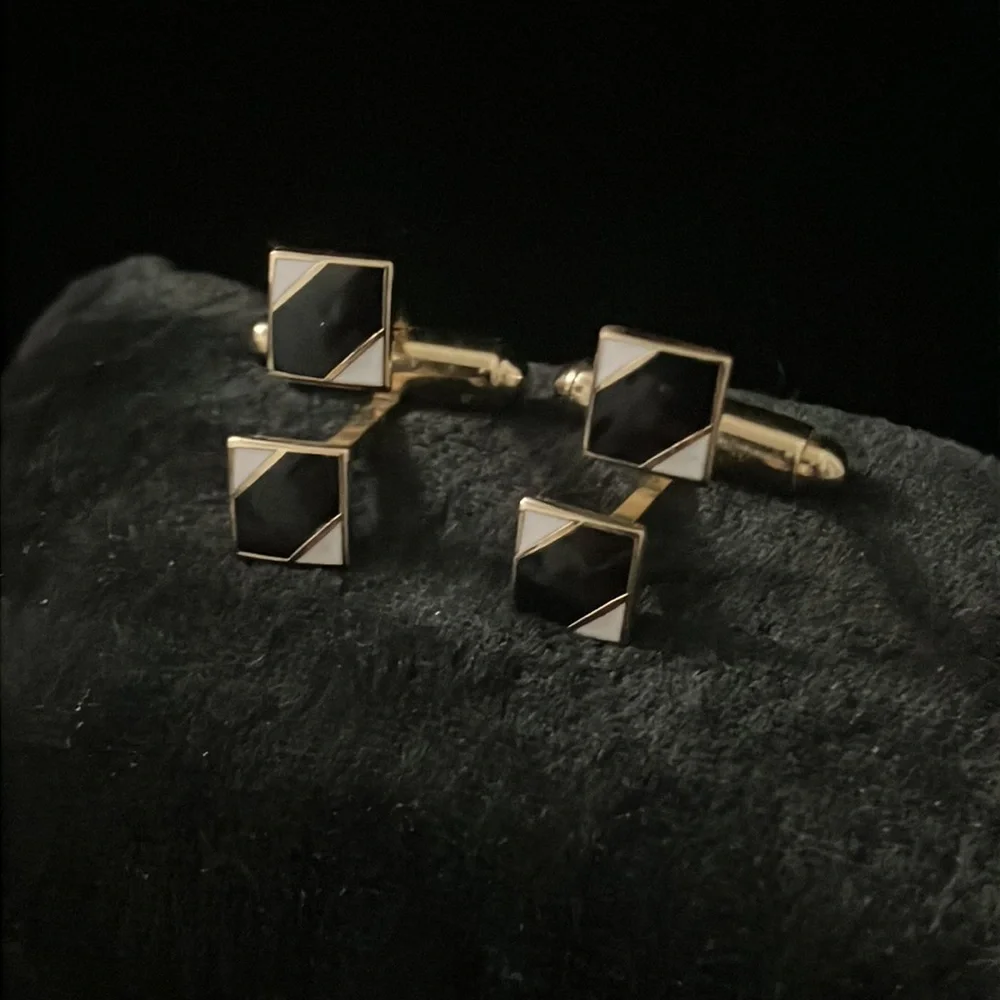 Vintage Black & White Enamel Small Square Cufflinks Made in Japan